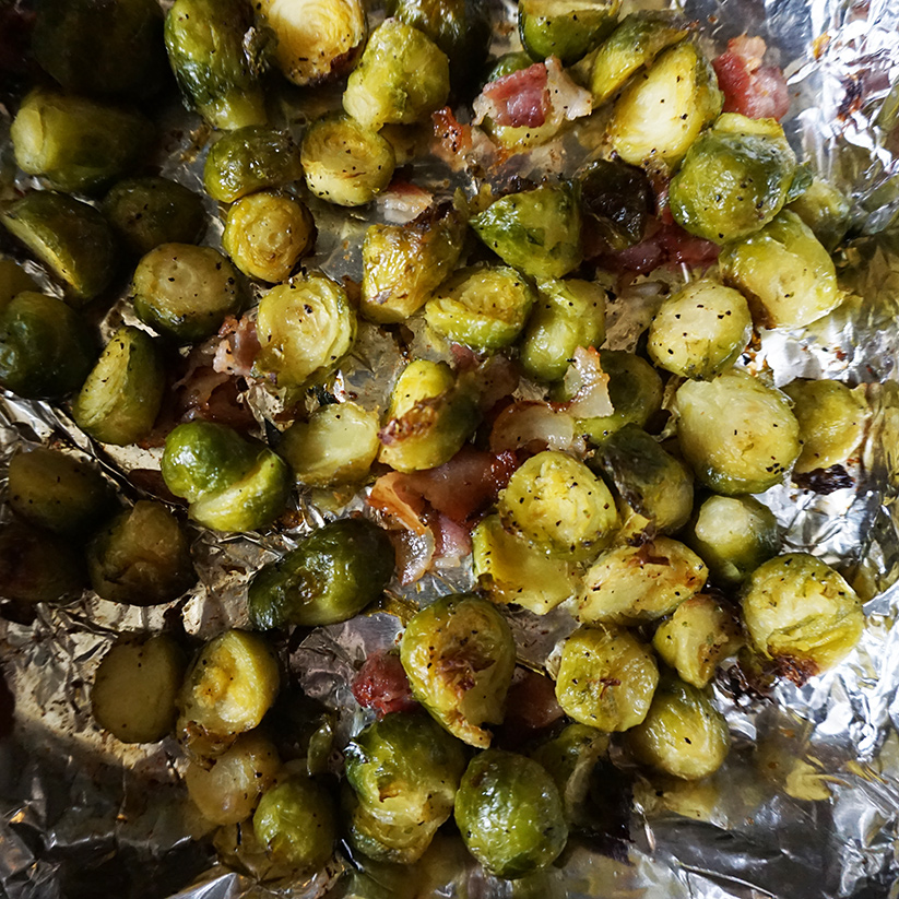 Roasted brussels sprouts and bacon with balsamic reduction