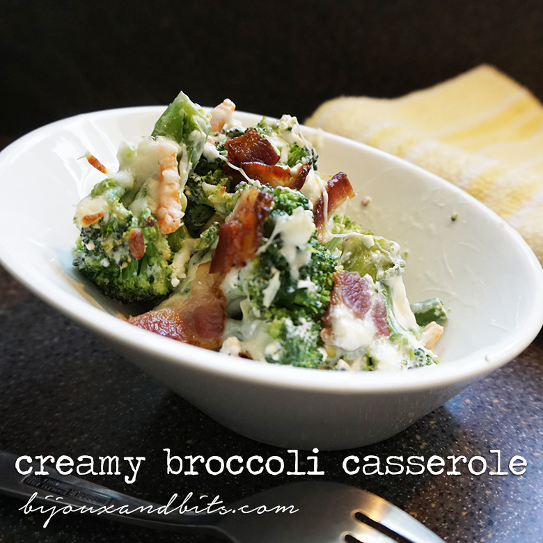Creamy broccoli bacon casserole recipe from @bijouxandbits