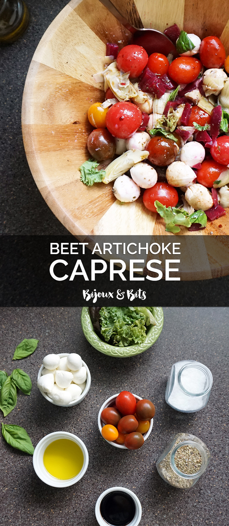 Beet artichoke caprese recipe on @bijouxandbits
