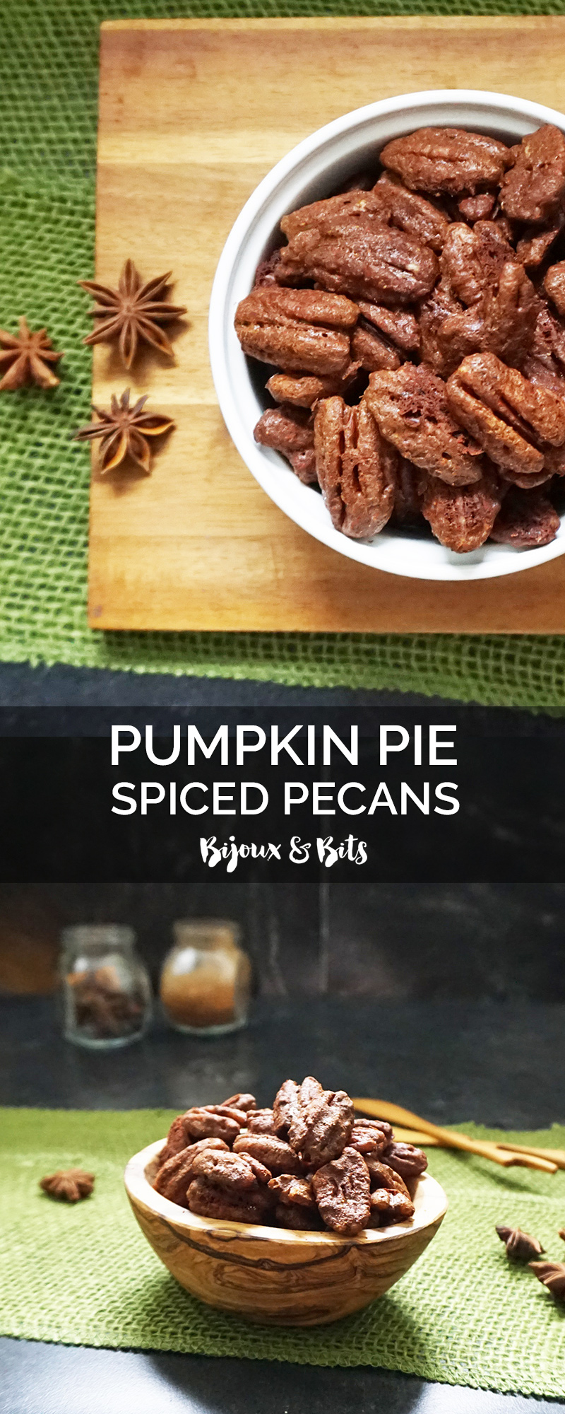 Pumpkin pie-spiced pecans recipe from @bijouxandbits