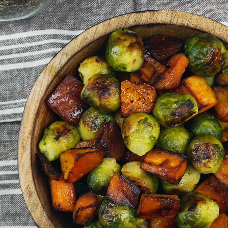Roasted Brussels sprouts and squash with Dijon vinaigrette