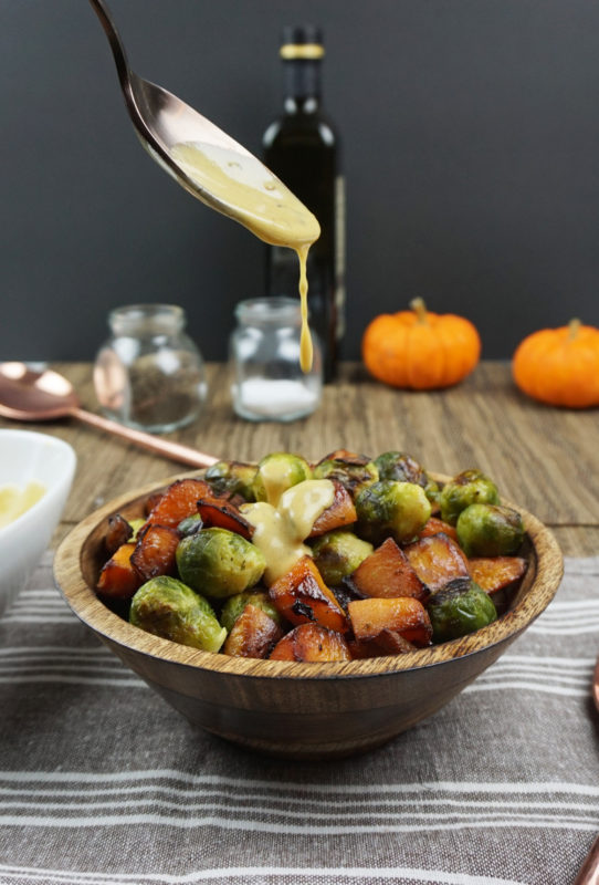 Roasted Brussels sprouts and squash with dijon vinaigrette