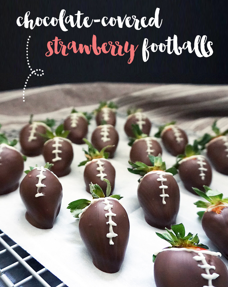 Chocolate-covered strawberry footballs from @bijouxandbits #superbowl #partyfood
