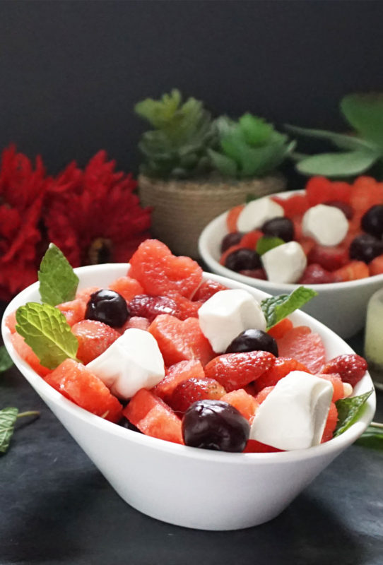 Valentine fruit salad with poppy seed dressing