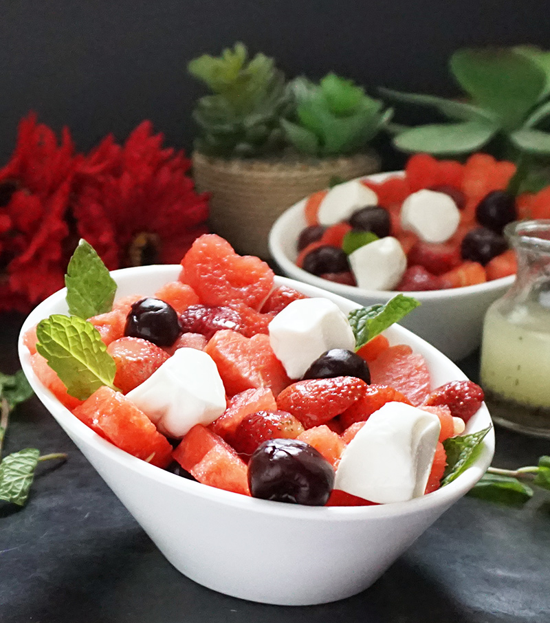 Valentine fruit salad with poppy seed dressing