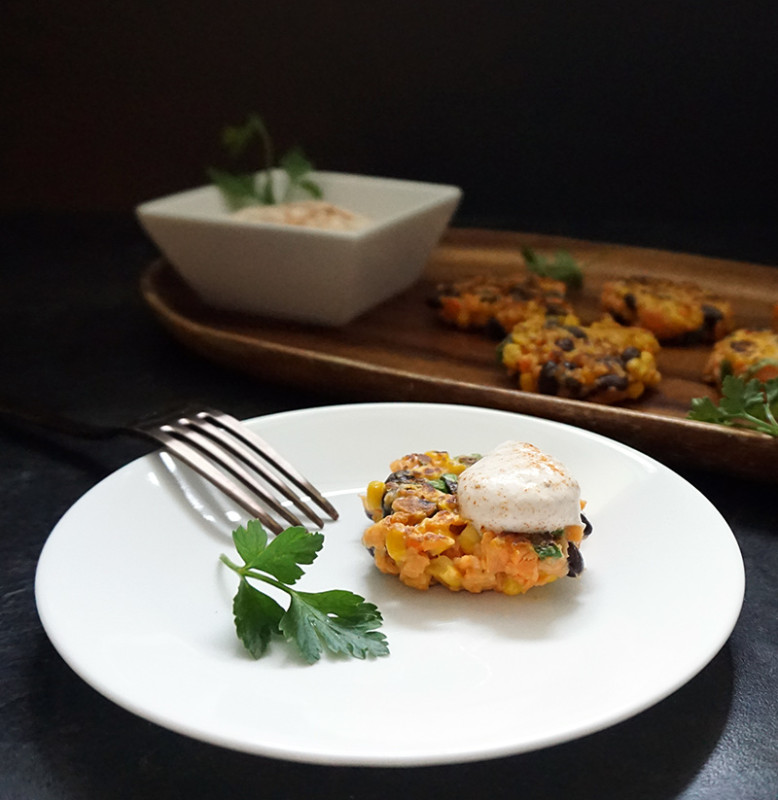 Sweet potato fritters with sriracha lime sauce