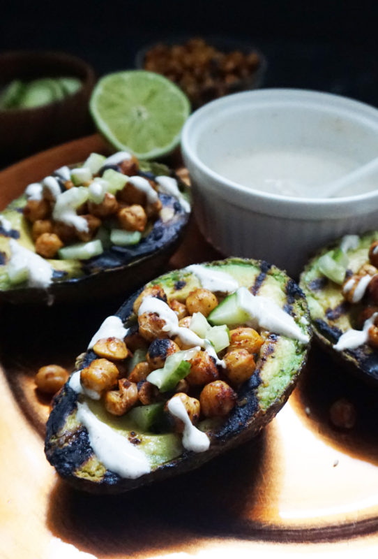 Grilled avocados with spiced chickpeas