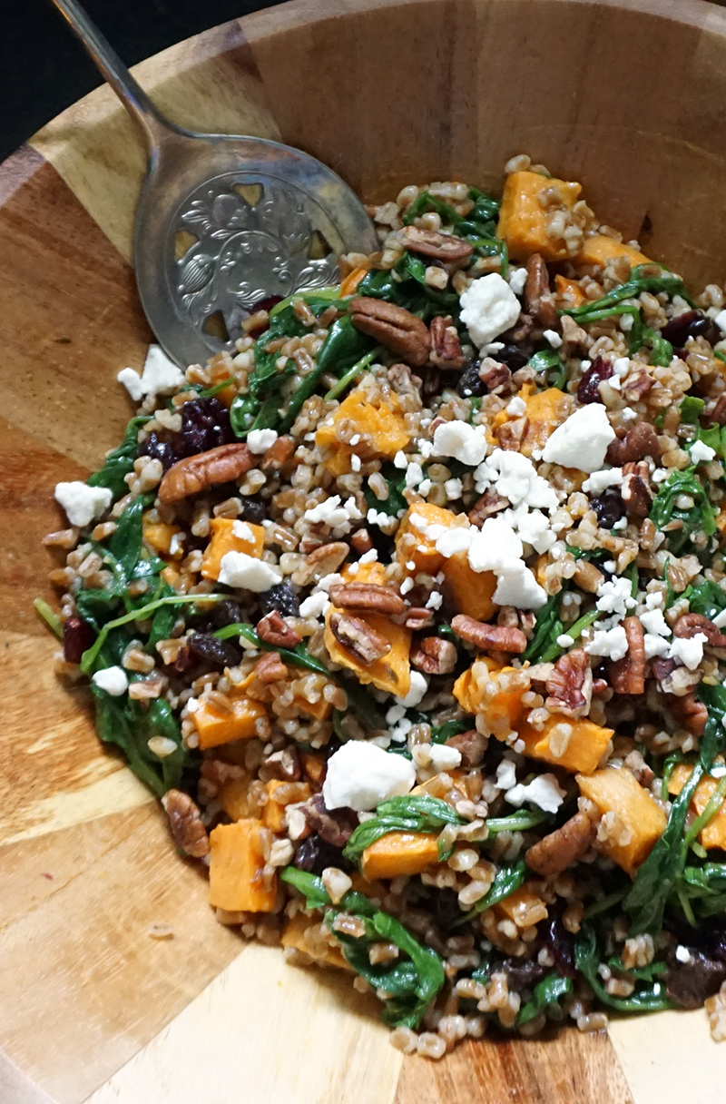 Fall wheatberry salad with sweet potatoes and maple curry vinaigrette