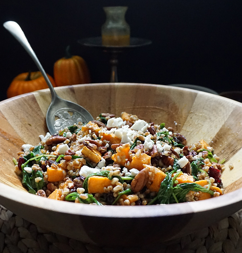 Fall wheatberry salad with sweet potatoes and maple curry vinaigrette
